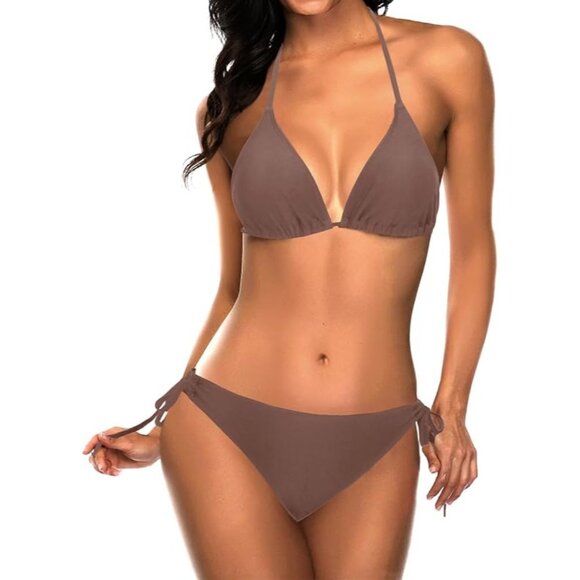 Tempt Me Womens Two-Piece Triangle Bikini Swimsuit Medium Brown Adjustable - Picture 3 of 7